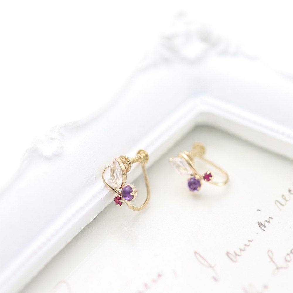 K10YG ローズクォーツ＆アメジスト＆ルビー イヤリング_04