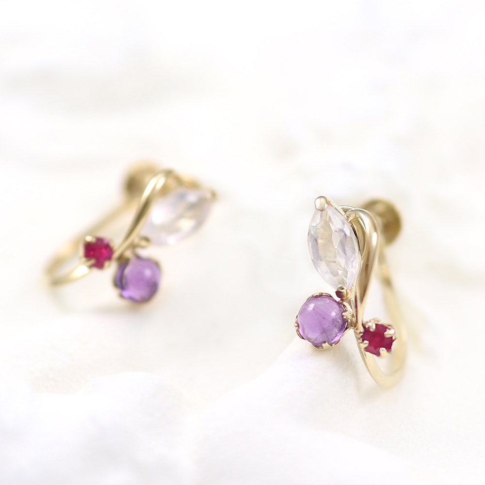 K10YG ローズクォーツ＆アメジスト＆ルビー イヤリング_10