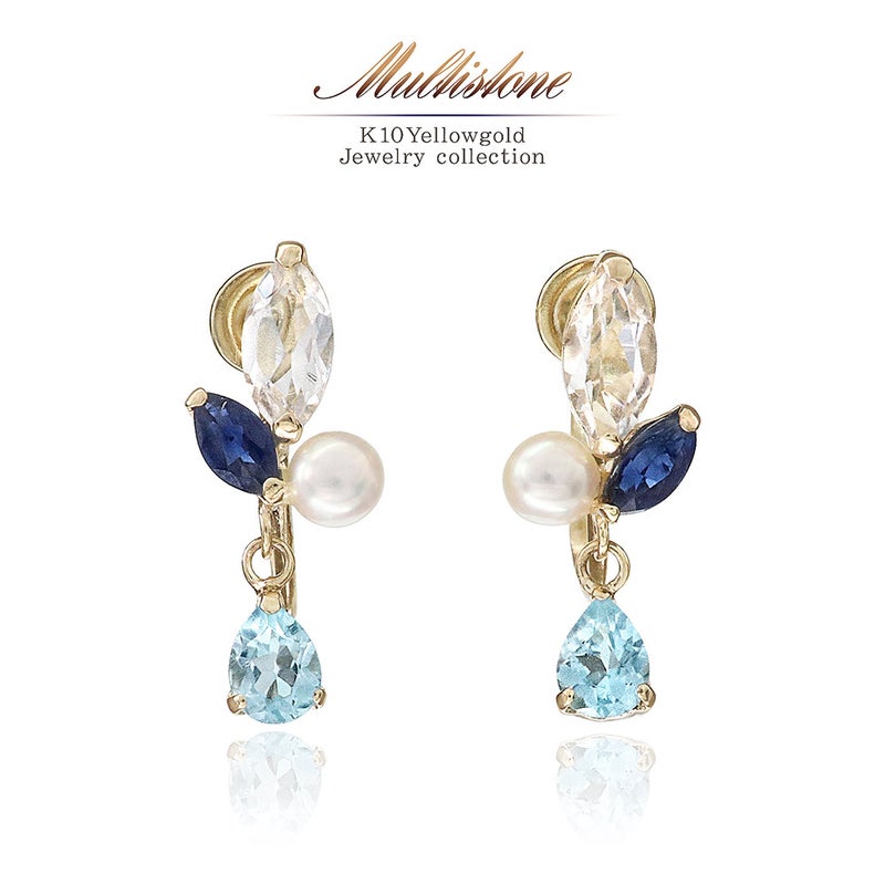 K10YG ホワイトトパーズ＆サファイア＆ブルートパーズ＆淡水真珠 イヤリング_01