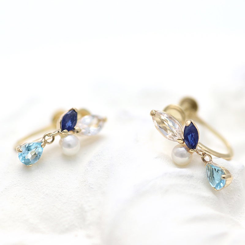 K10YG ホワイトトパーズ＆サファイア＆ブルートパーズ＆淡水真珠 イヤリング_02