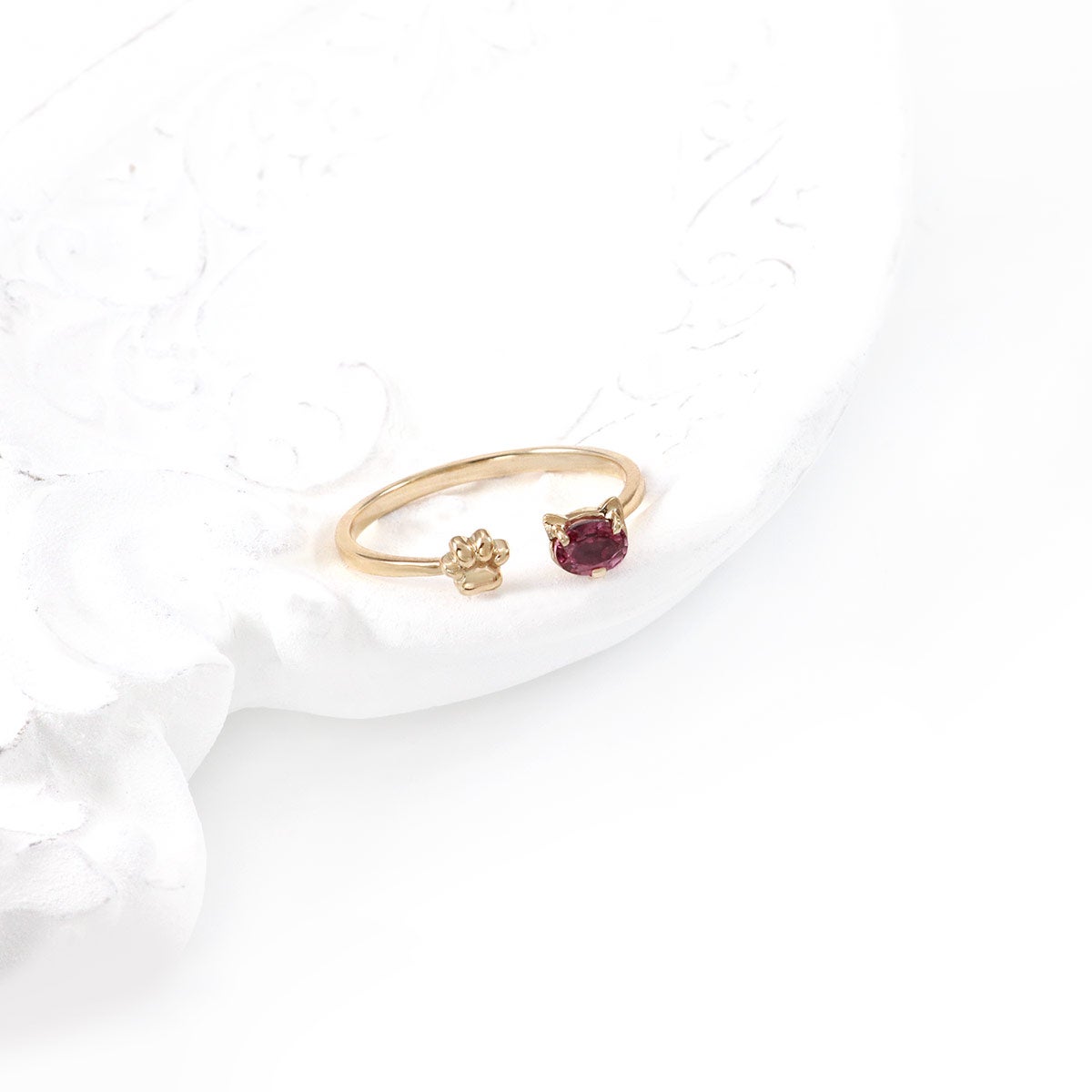 K10YG 肉球×猫モチーフ ロードライトガーネットリング_11